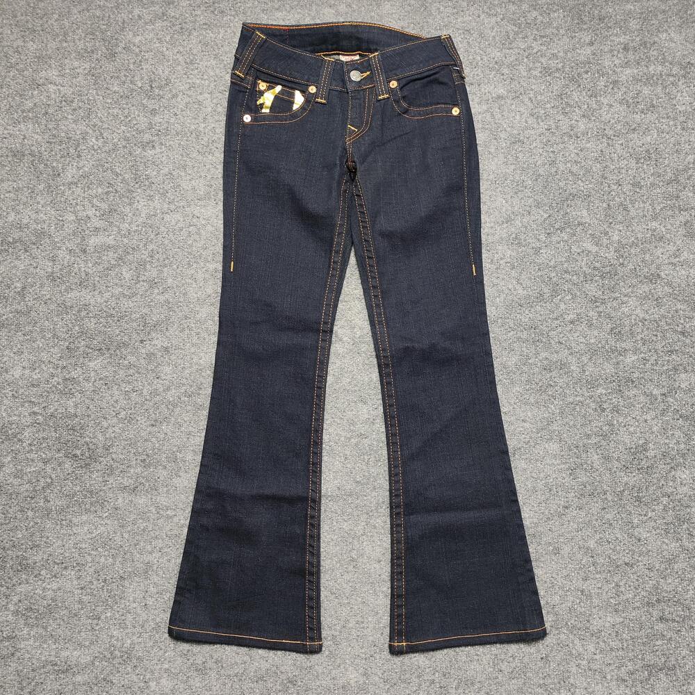 True Religion Jeans Womens 28 Dark Wash Blue Low Rise Bootcut Gold Logo Denim